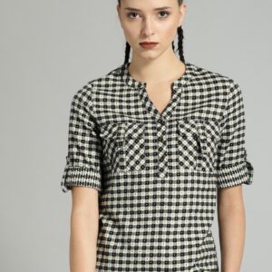 Roadster Fast and Furious Women White  Black Checked Shirt Style Top