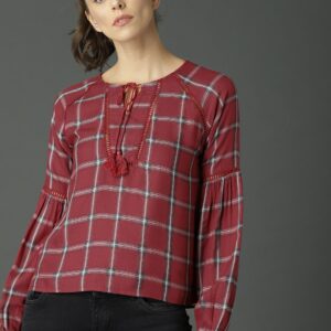 Roadster Women Maroon Checked Top