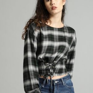 Roadster Women Green Checked Cinched Waist Top