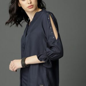 Roadster Fast and Furious Women Navy Blue Solid Top with Sleeve Detail