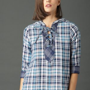 Roadster Women Blue Checked Hooded Top with Tie-up Neck