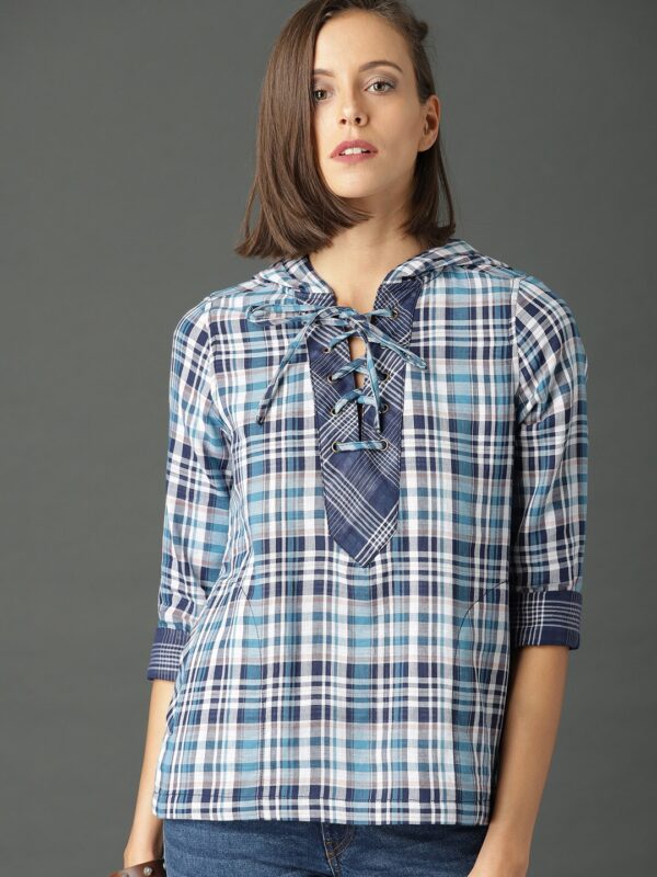 Roadster Women Blue Checked Hooded Top with Tie-up Neck