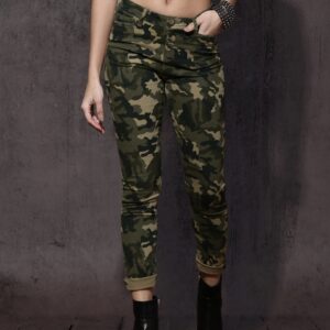 Roadster Women Olive Green  Black Slim Fit Printed Chinos