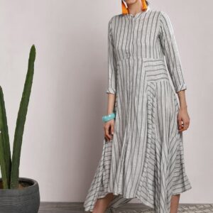 Sangria Women White Striped A-Line Midi Dress