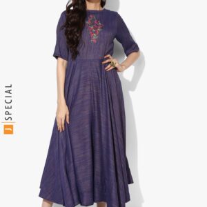 Sangria Round Neck Elbow Sleeves Dress With Embroidered Highlight