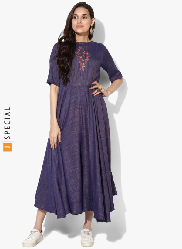 Sangria Round Neck Elbow Sleeves Dress With Embroidered Highlight