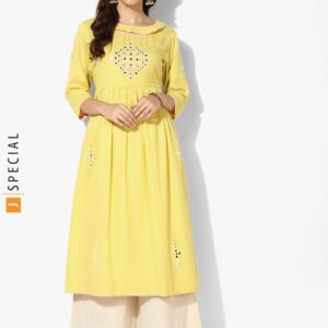 Sangria Embroidered Round Neck Flared Kurta With High Slit And 3/4Th Sleeves Teamed Up With Off White Palazzo