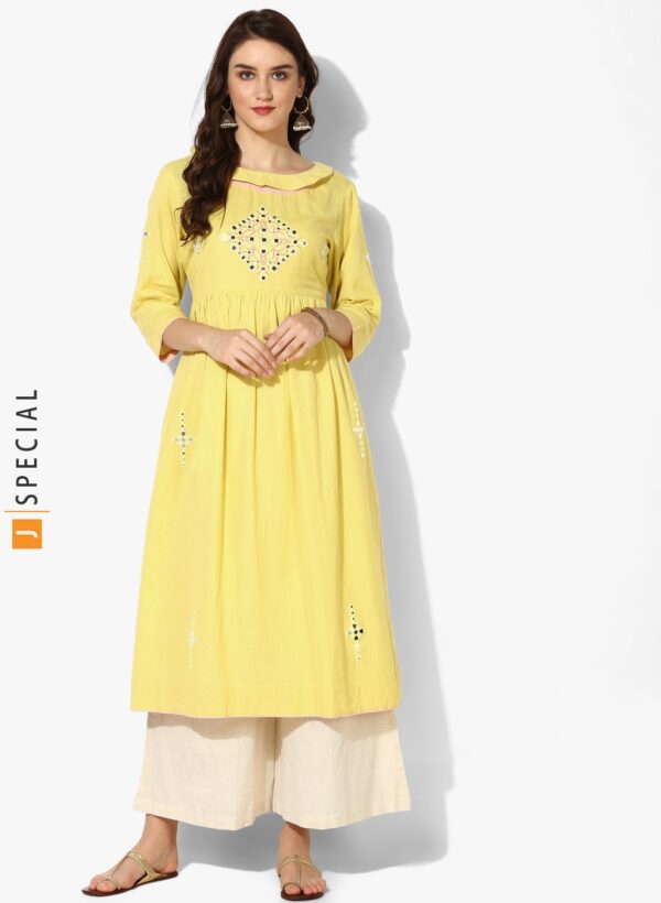 Sangria Embroidered Round Neck Flared Kurta With High Slit And 3/4Th Sleeves Teamed Up With Off White Palazzo