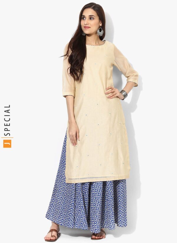 Sangria Chanderi Embroidered Round Neck Straight Fit Kurta With 3/4th Sleeves Teamed Up Printed Palazzo