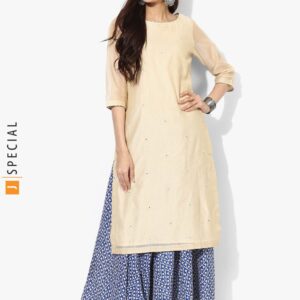 Sangria Chanderi Embroidered Round Neck Straight Fit Kurta With 3/4th Sleeves Teamed Up Printed Palazzo