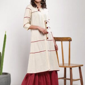 Sangria Women Off-White  Red Embroidered Kurta with Sharara