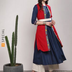 Sangria Navy Blue  Beige Solid Band Collar Anarkali With Palazzo