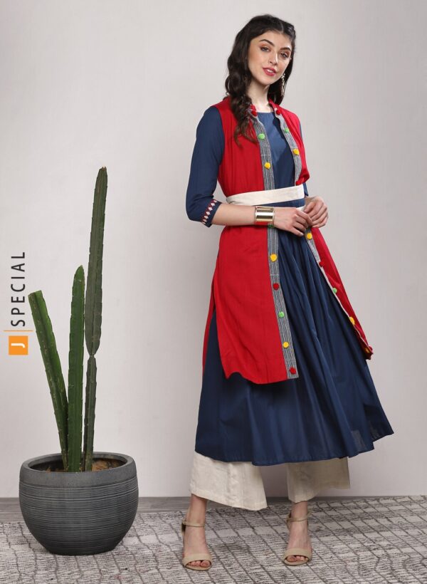 Sangria Navy Blue  Beige Solid Band Collar Anarkali With Palazzo