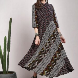 Sangria Women Black Printed A-Line Midi Dress