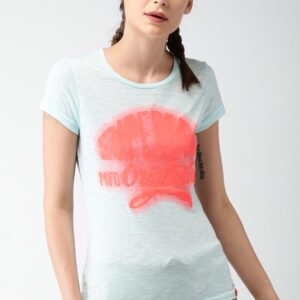 Superdry Women Blue  Neon Orange Printed Round Neck T-shirt