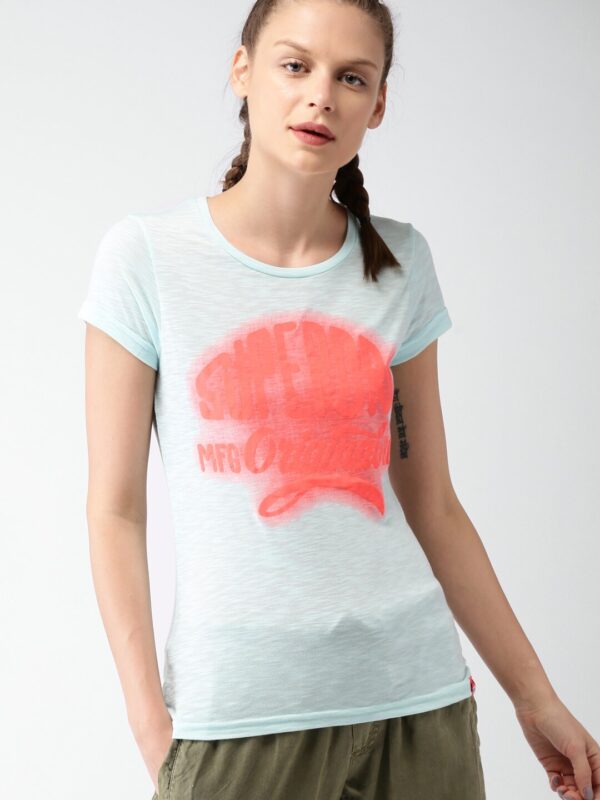 Superdry Women Blue  Neon Orange Printed Round Neck T-shirt