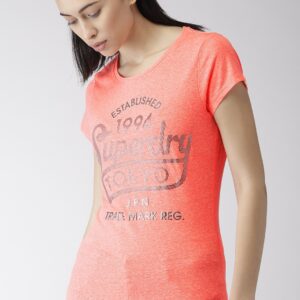 Superdry Women Coral Orange Printed Round Neck T-shirt