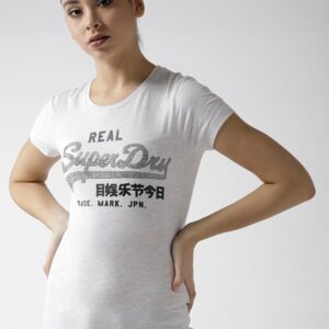 Superdry Women Grey Melange Printed Round Neck T-shirt