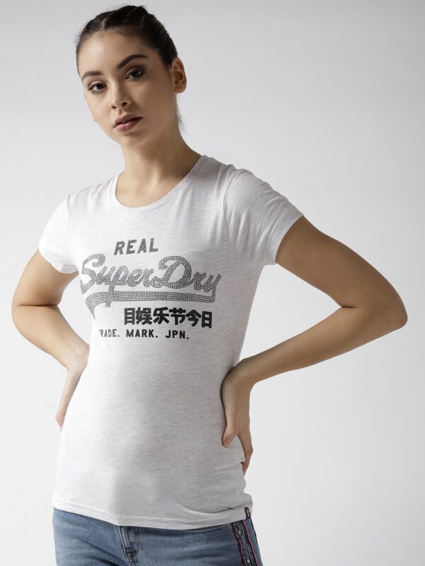 Superdry Women Grey Melange Printed Round Neck T-shirt