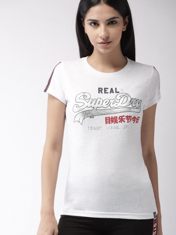 Superdry Women White Printed Slim Fit Round Neck T-shirt