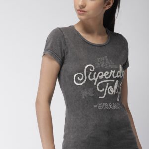 Superdry Women Charcoal Grey Printed Round Neck T-shirt