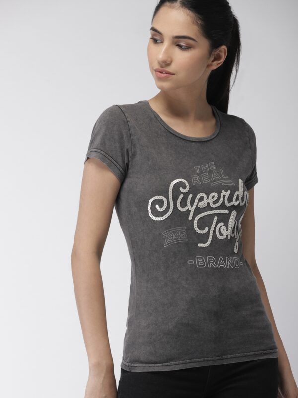 Superdry Women Charcoal Grey Printed Round Neck T-shirt