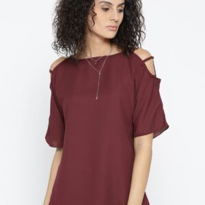 Style Quotient Women Maroon Cold-Shoulder Solid Top