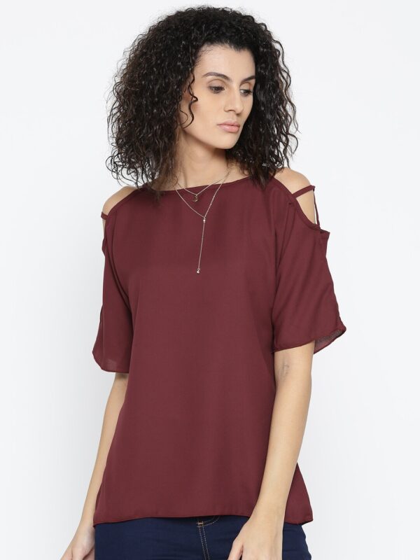 Style Quotient Women Maroon Cold-Shoulder Solid Top