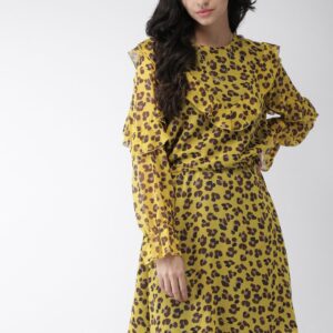 Scotch  Soda Women Mustard Yellow Printed Fit  Flare Dress