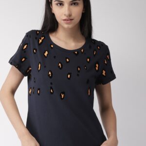 Scotch  Soda Women Navy Blue Printed Round Neck T-shirt