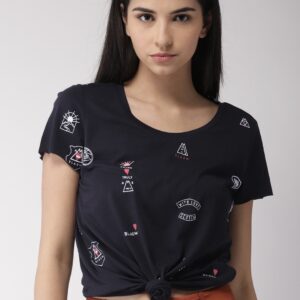 Scotch  Soda Women Navy Blue Printed Round Neck T-shirt