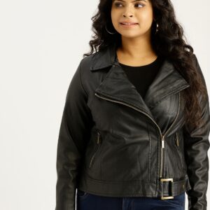 Sztori Plus Size Women Black Solid Asymmetric Closure Biker Jacket