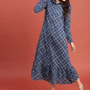 Taavi Women Navy Blue  Off-White Indigo A-Line Sustainable Dress with Pockets  Gathers