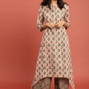 Taavi Women Beige  Black Kalamkari Hand Block Print Sustainable Kurta Set