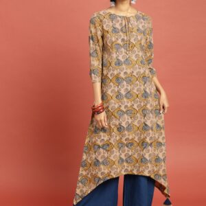 Taavi Women Beige  Blue Printed Sustainable Kurta with Pyjamas