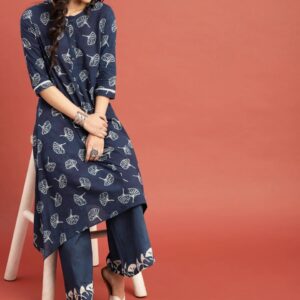 Taavi Women Blue Indigo A-Line Asymmetric Sustainable Kurta with Palazzos