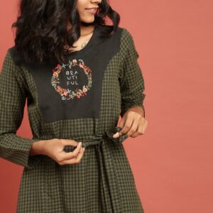 Taavi Women Green Checked A-Line Sustainable Dress