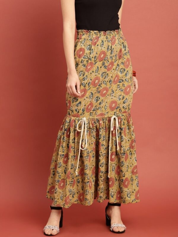 Taavi Women Mustard Yellow Kalamkari Hand Block Print A-Line Sustainable Maxi Skirt with Tie-ups