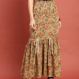 Taavi Women Mustard Yellow Kalamkari Hand Block Print A-Line Sustainable Maxi Skirt with Tie-ups