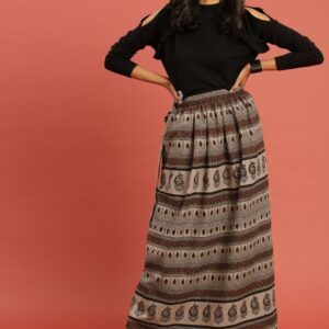 Taavi Women Beige  Brown Ajrakh Hand Block Print Wrap Sustainable Maxi Skirt with Tie-Up Detail