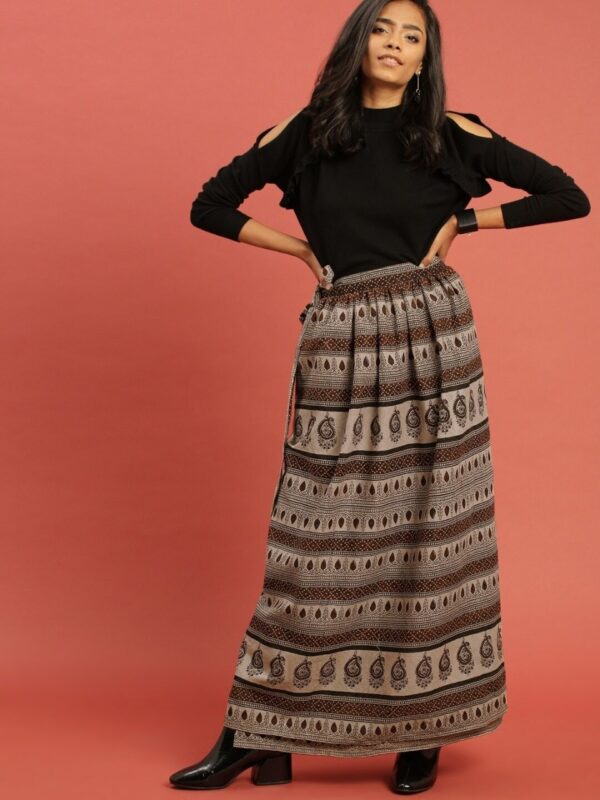 Taavi Women Beige  Brown Ajrakh Hand Block Print Wrap Sustainable Maxi Skirt with Tie-Up Detail