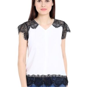 TARAMA Women Off-White  Black Solid Lace Detail Top