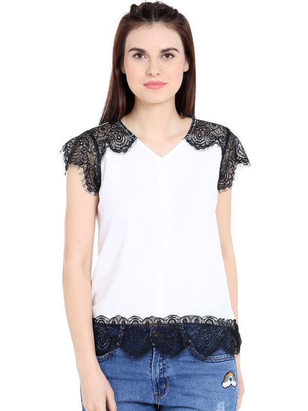 TARAMA Women Off-White  Black Solid Lace Detail Top