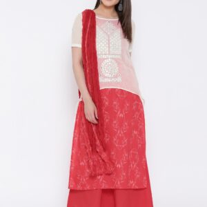 TRISHAA BY PANTALOONS Women Off-White  Red Layered Printed Kurta with Palazzos  Dupatta