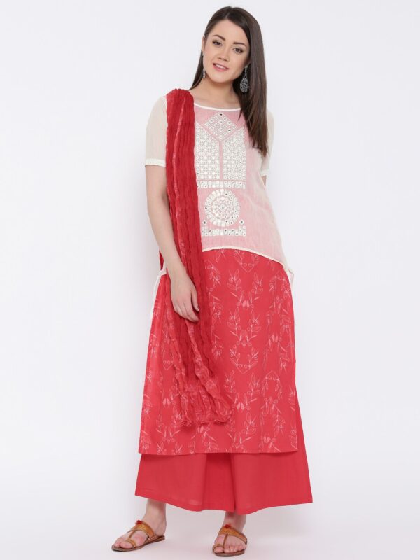 TRISHAA BY PANTALOONS Women Off-White  Red Layered Printed Kurta with Palazzos  Dupatta