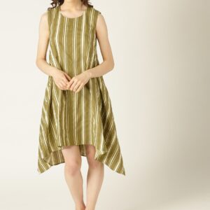 United Colors of Benetton Women Olive Green  Off-White Striped A-Line Dress