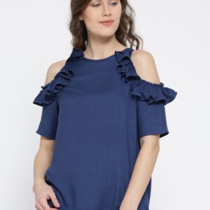 United Colors of Benetton Women Navy Blue Solid A-Line Top with Ruffles