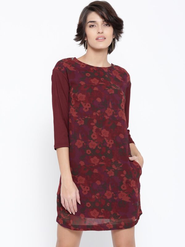 Wills Lifestyle Maroon Floral Print Shift Dress