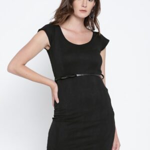 Wills Lifestyle Black Patterned Belted Sheath Dress