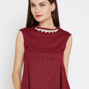 Wills Lifestyle Women Burgundy Striped Pleated A-Line Top